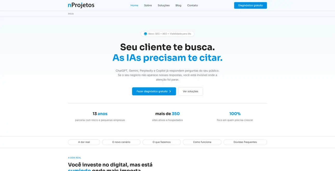 Home da nProjetos depois da otimização para motores de resposta